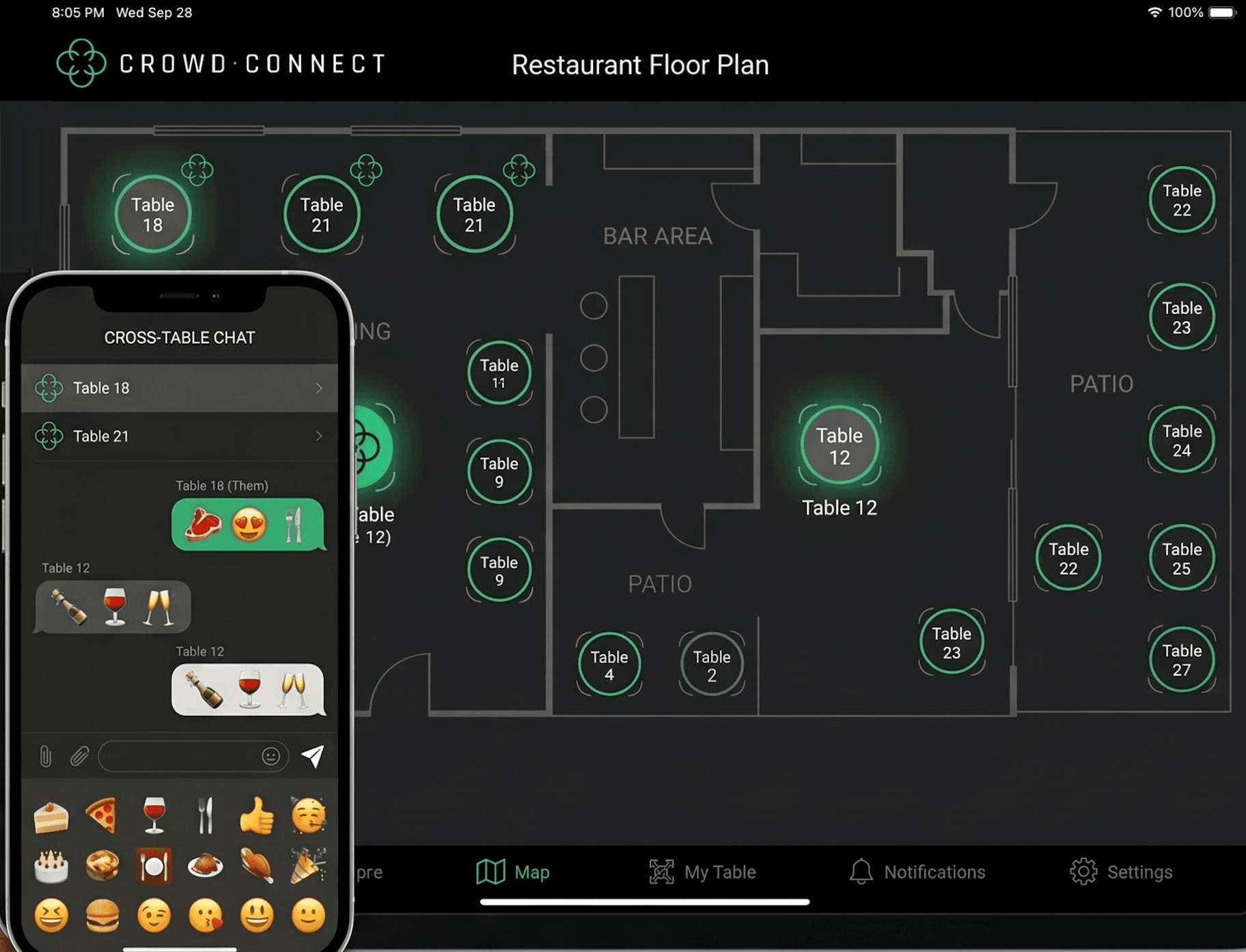 Crowd.Connect App: Restaurant Floor Plan auf dem Tablet, Cross-Table-Chat auf dem Smartphone