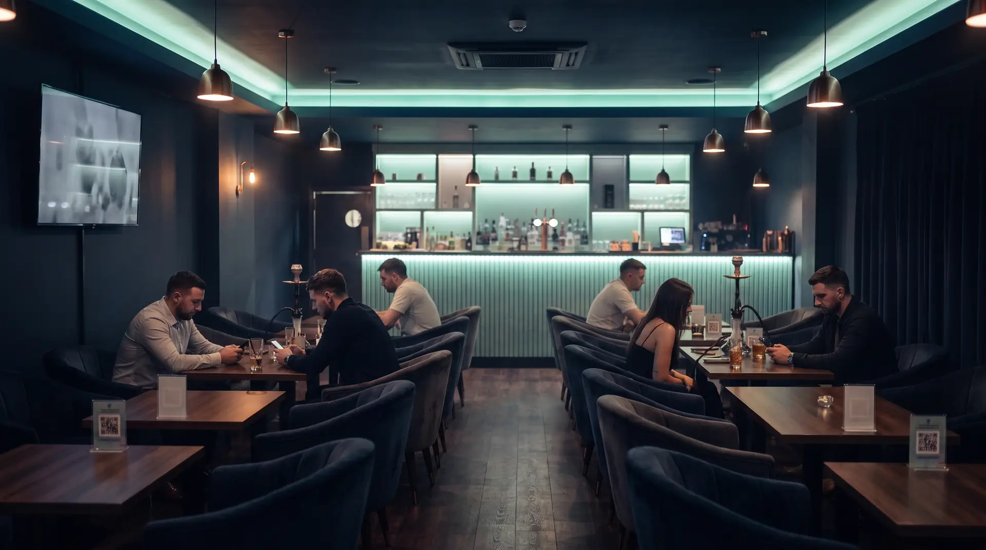 Eine stille Bar am Freitagabend: wenige Gäste, jeder schaut allein auf sein Handy.