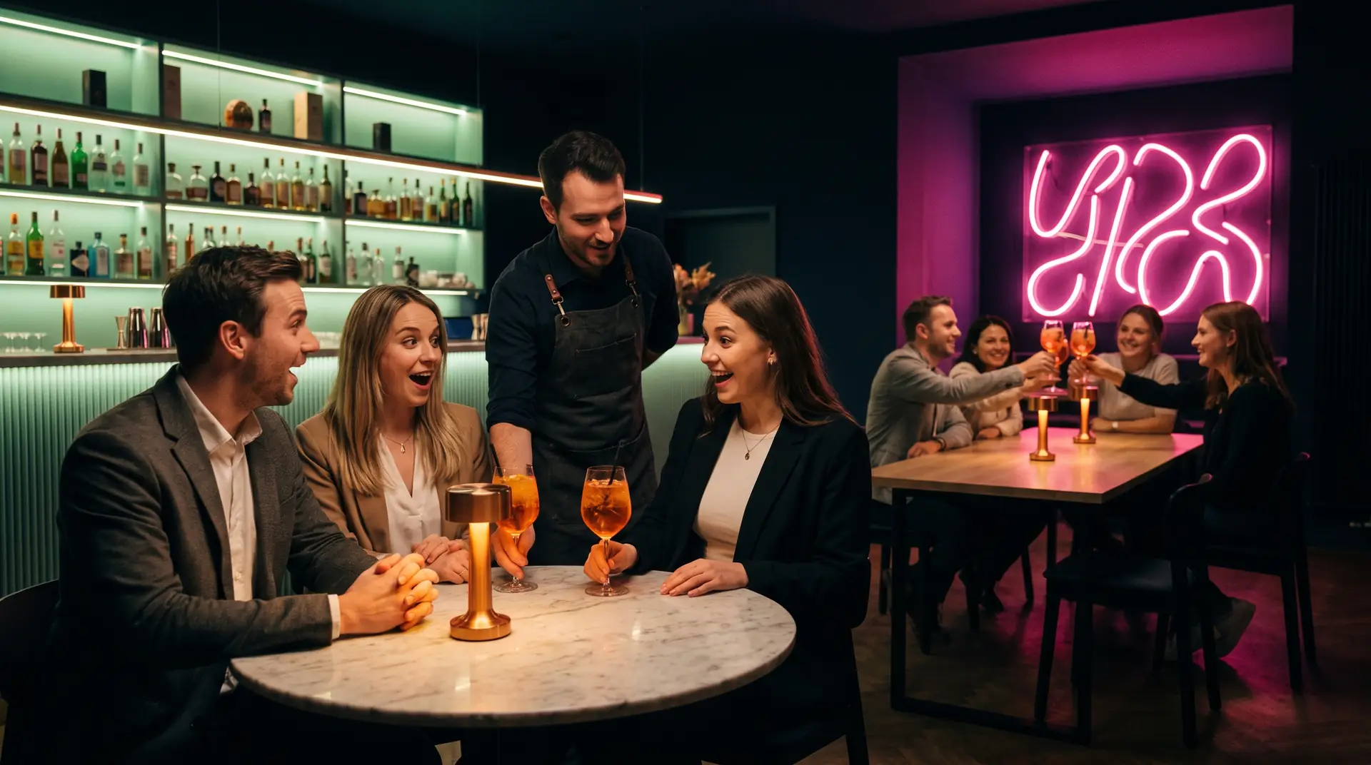 Mit Crowd.Connect: Ein Kellner bringt zwei Aperol Spritz, die Freunde drehen sich überrascht um, der Nachbartisch prostet ihnen zu.