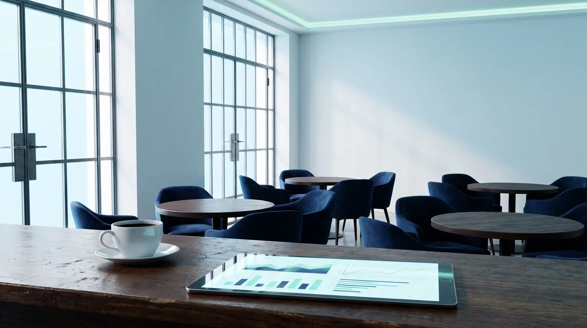 Die Bar am Morgen danach: aufgeräumt, auf dem Tresen stehen ein Kaffee und ein Tablet mit dem Dashboard.