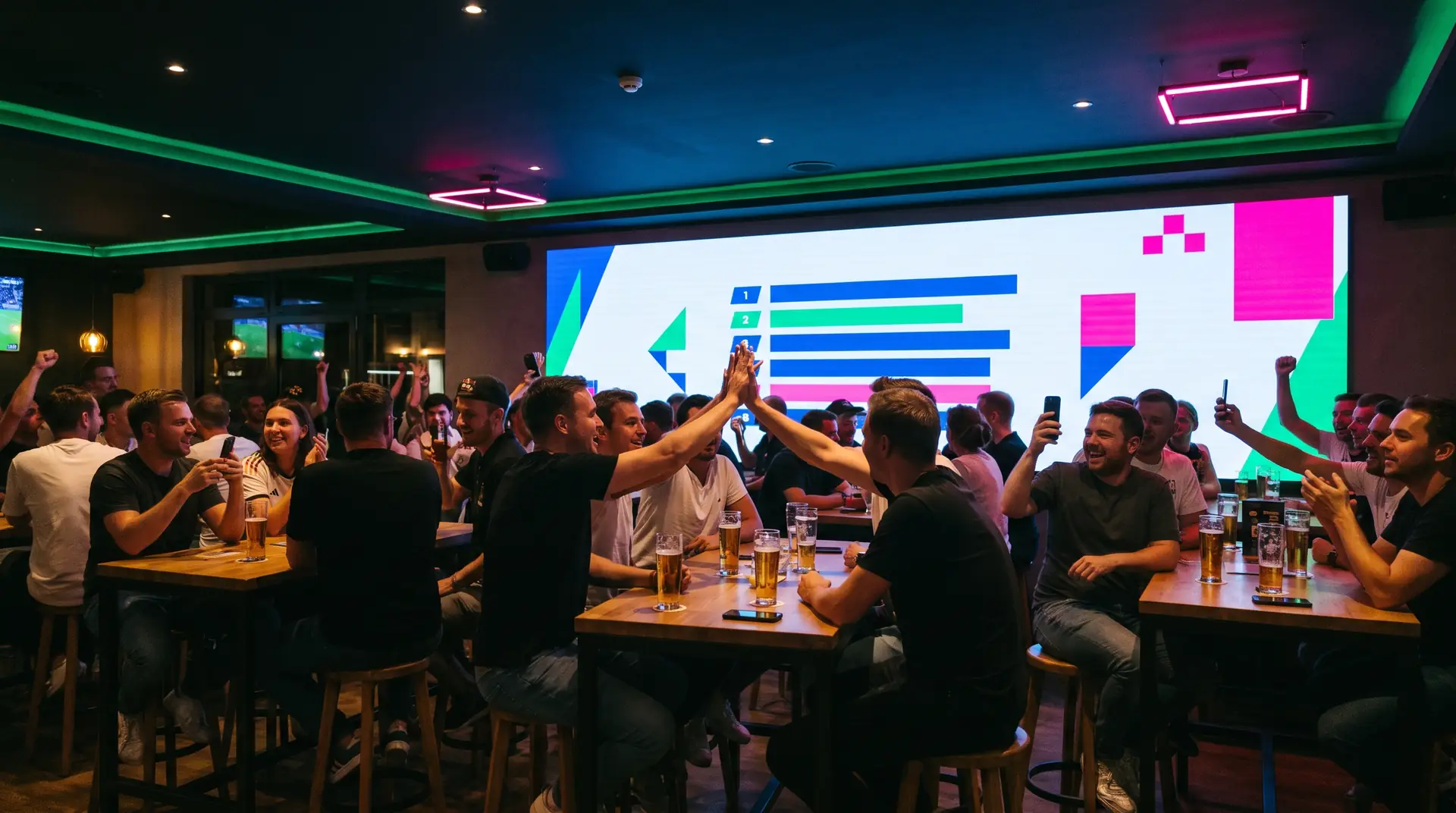 Mit Crowd.Connect: Auf dem großen Screen läuft das Halbzeit-Quiz, die Fans jubeln und klatschen sich ab.