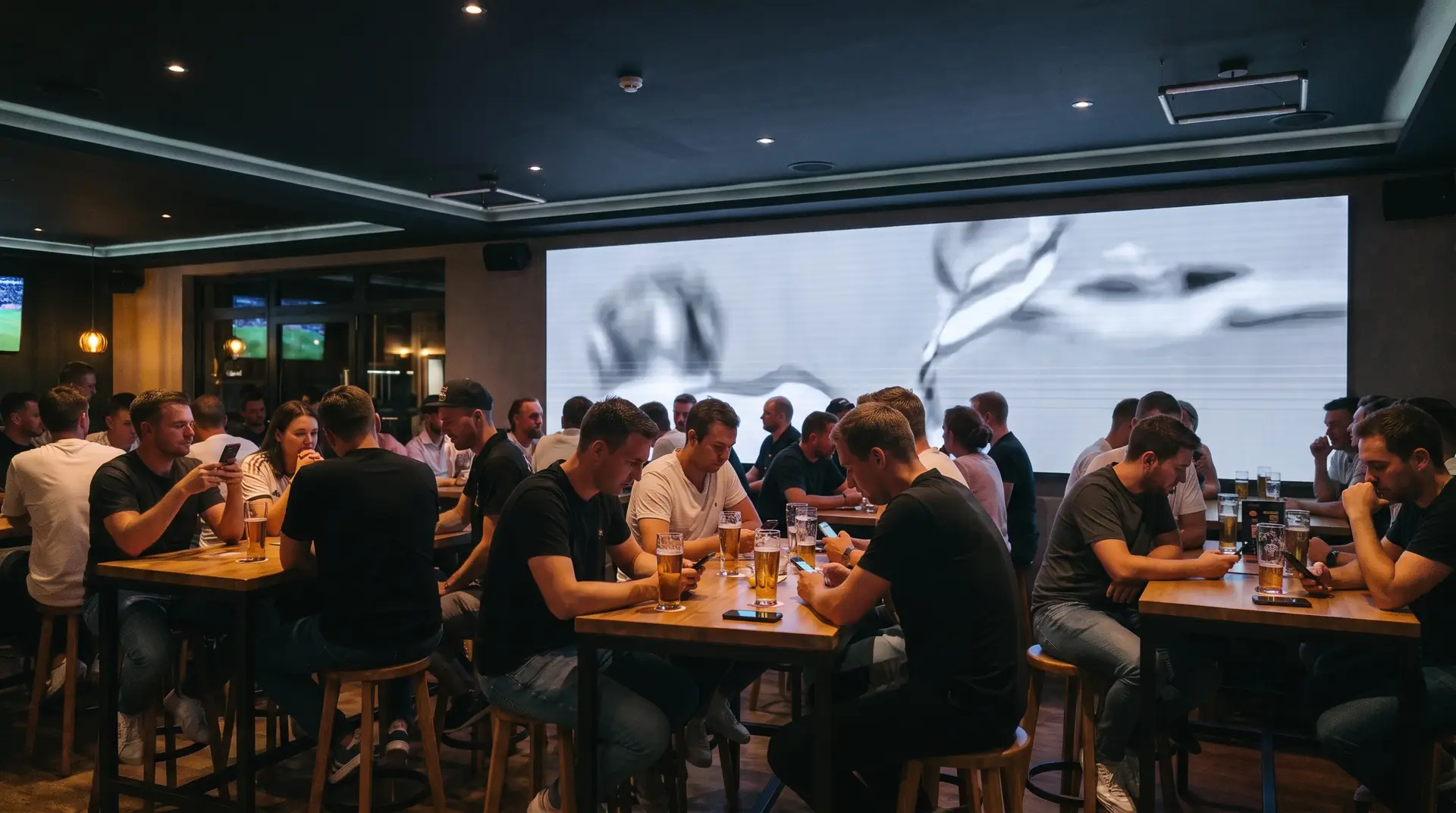 Vorher: Halbzeitpause in der Sportsbar, auf dem großen Screen läuft graue Werbung, alle starren auf ihr Handy.